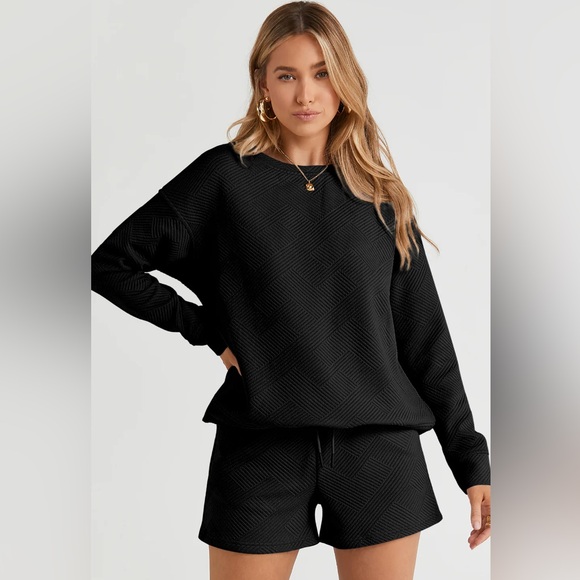 NEW Black Textured Longesleeve Lounge Shorts Set drawstring pockets athleisure - Picture 4 of 4